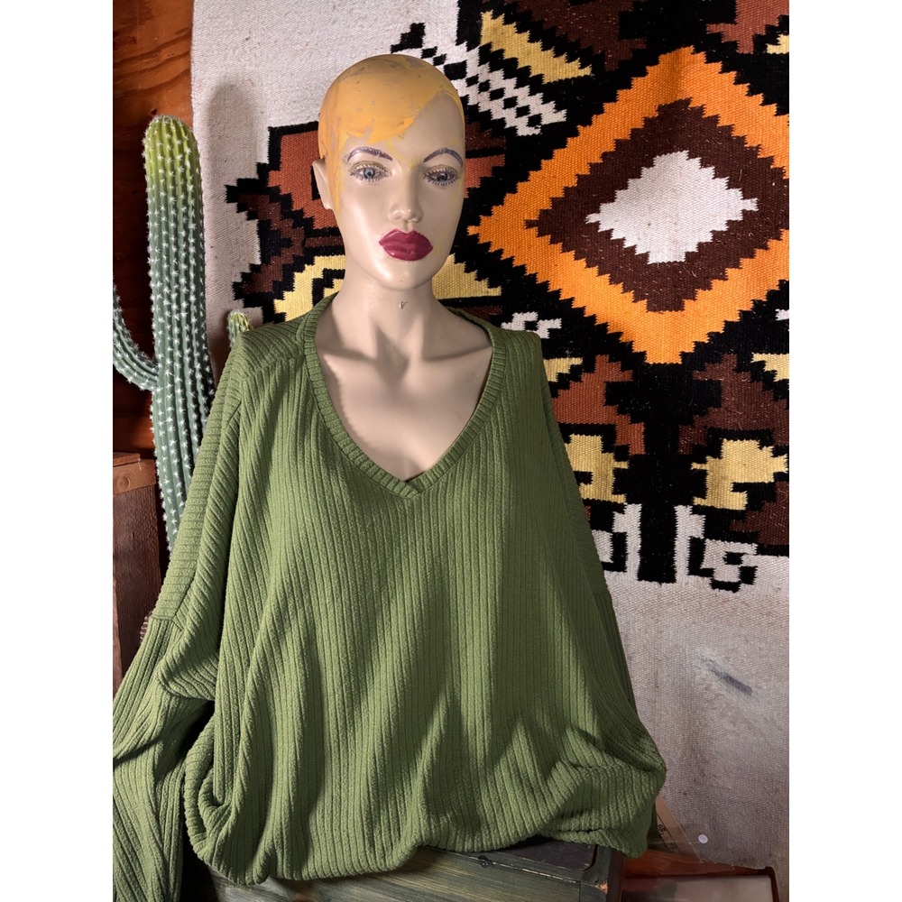 Time and Tru Ribbed V-Neck Top Womens XXXL 22 Olive Green Excellent Oversized